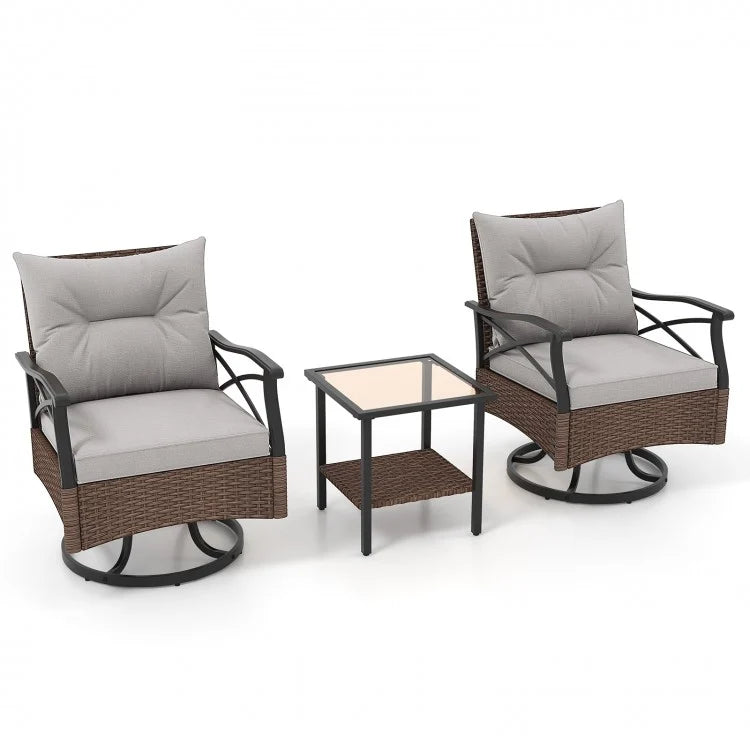 Costway Brown Outdoor Swivel Chair Set with Tempered Glass Side Table - Suitable for Patio and Garden