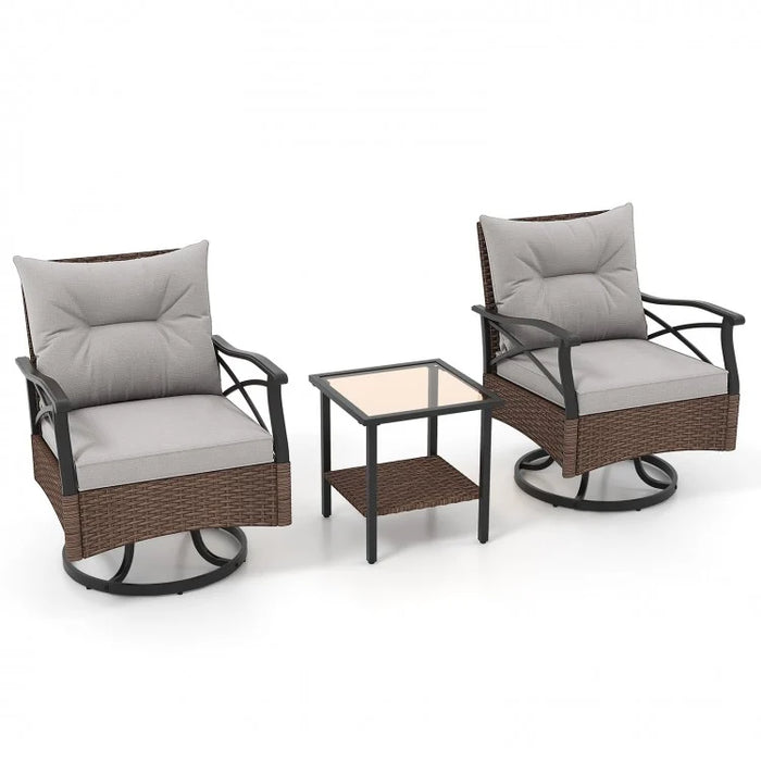 Costway Brown Outdoor Swivel Chair Set with Tempered Glass Side Table - Suitable for Patio and Garden