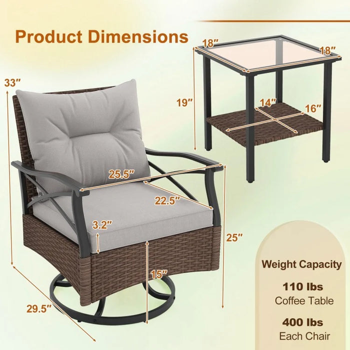 Costway Brown Outdoor Swivel Chair Set with Tempered Glass Side Table - Suitable for Patio and Garden