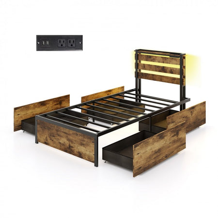 Industrial Style Metal Bed Frame with Drawers USB Ports and LED Lights
