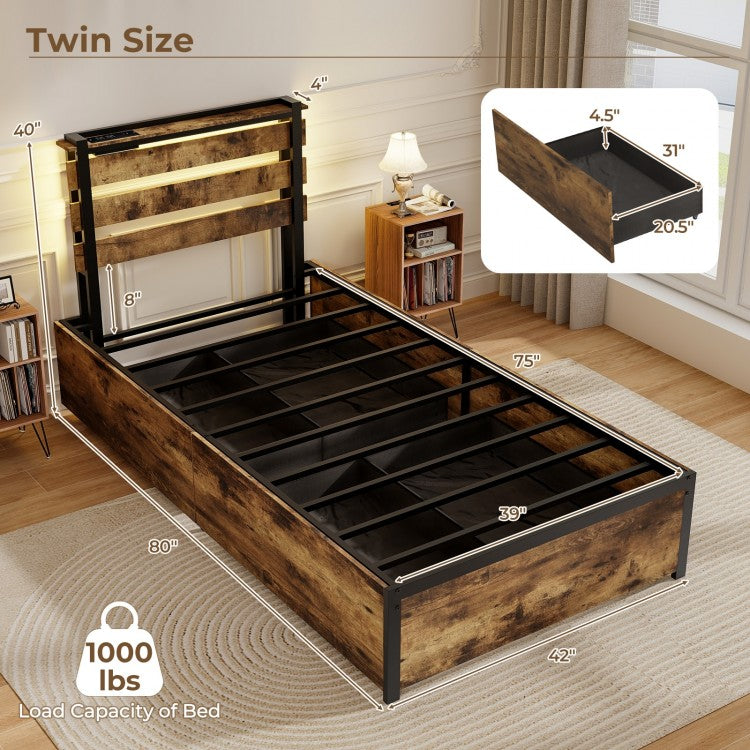 Industrial Style Metal Bed Frame with Drawers USB Ports and LED Lights