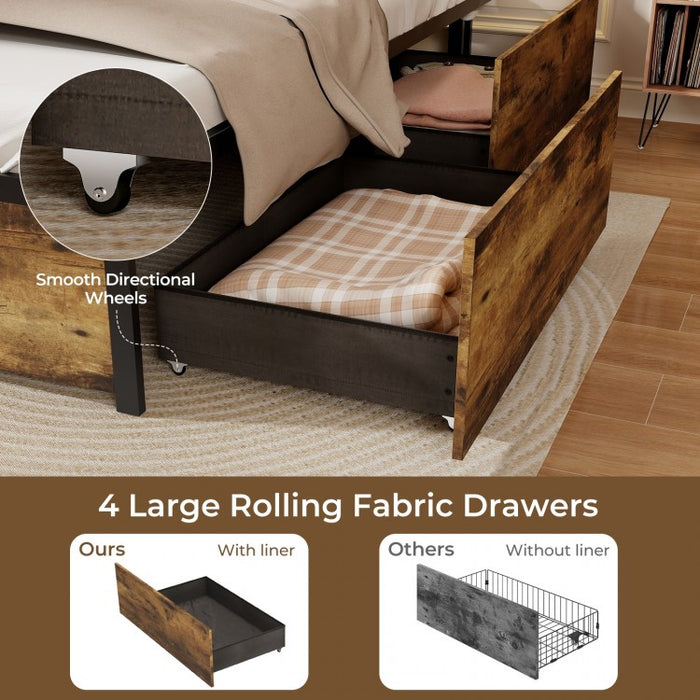 Industrial Style Metal Bed Frame with Drawers USB Ports and LED Lights