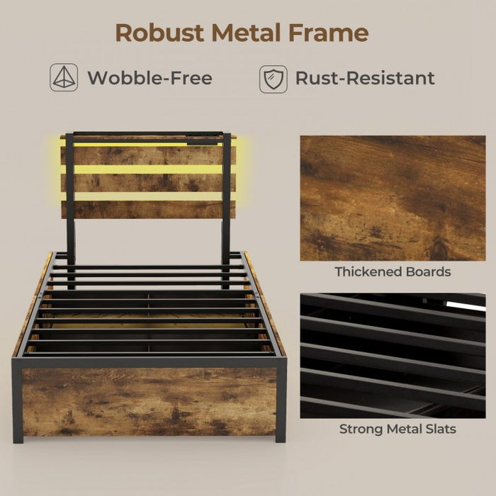 Industrial Style Metal Bed Frame with Drawers USB Ports and LED Lights