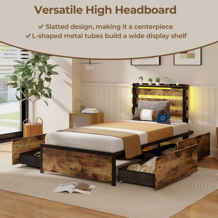 Industrial Style Metal Bed Frame with Drawers USB Ports and LED Lights