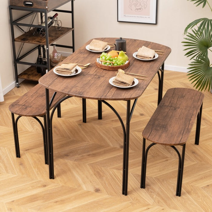 Industrial Style Dining Room Table Set - 3-Piece Set with Oval Table and 2 Benches - Suitable for Kitchen, Restaurant, and Small Tavern