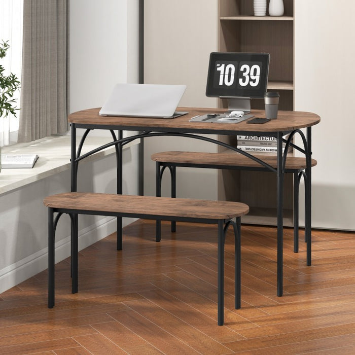 Industrial Style Dining Room Table Set - 3-Piece Set with Oval Table and 2 Benches - Suitable for Kitchen, Restaurant, and Small Tavern