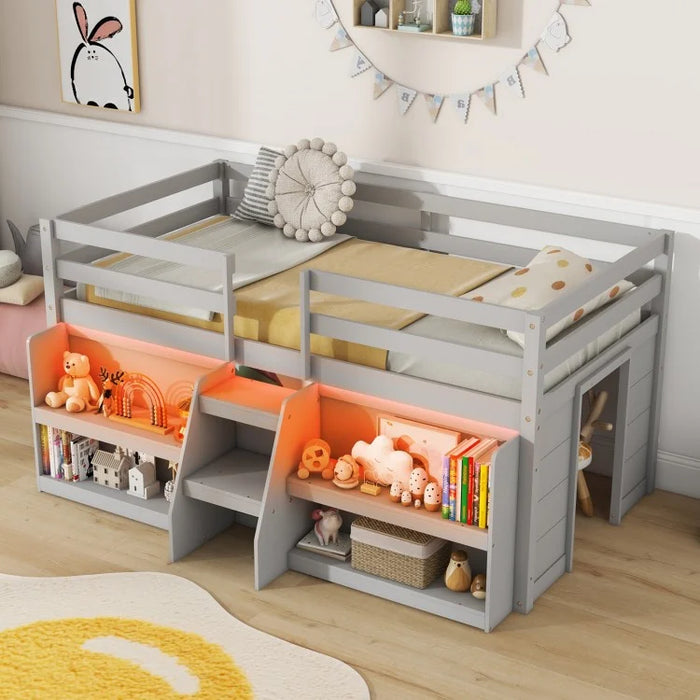 Costway Furniture:Bedroom Loft Bed with LED Lights for Two People