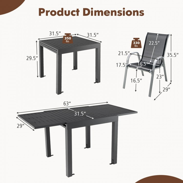 Outdoor Gray Dining Room Table and Chairs Set - 5-Piece Set with Expandable Table - Suitable for Backyard and Patio