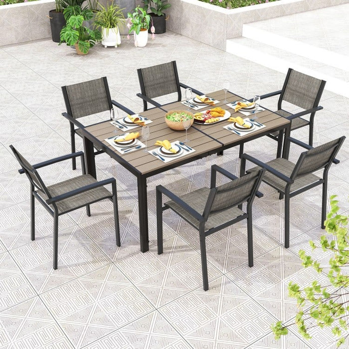 Outdoor Gray Dining Tables Sets - 7-Piece Set with Rectangular Table and 6 Chairs - Suitable for Backyard and Poolside Dining