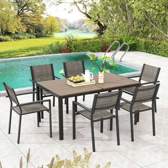 Outdoor Gray Dining Tables Sets - 7-Piece Set with Rectangular Table and 6 Chairs - Suitable for Backyard and Poolside Dining