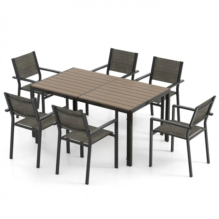Outdoor Gray Dining Tables Sets - 7-Piece Set with Rectangular Table and 6 Chairs - Suitable for Backyard and Poolside Dining