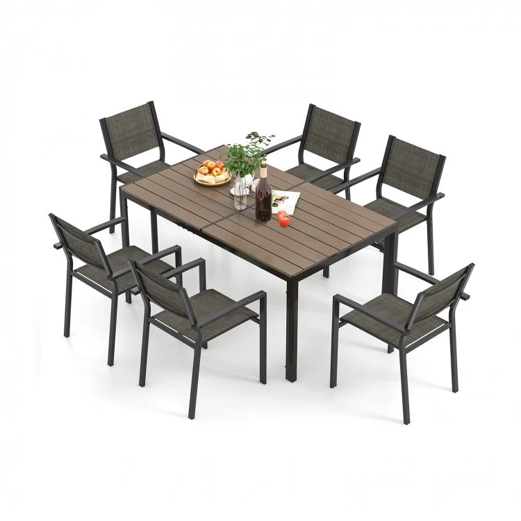 Outdoor Gray Dining Tables Sets - 7-Piece Set with Rectangular Table and 6 Chairs - Suitable for Backyard and Poolside Dining