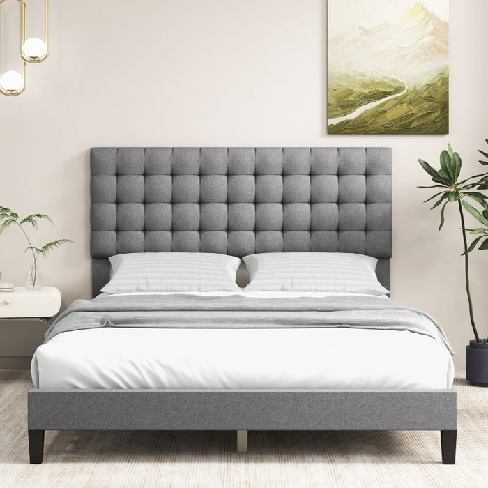 Grey Platform Bed with Built-in Square Upholstered Headboard