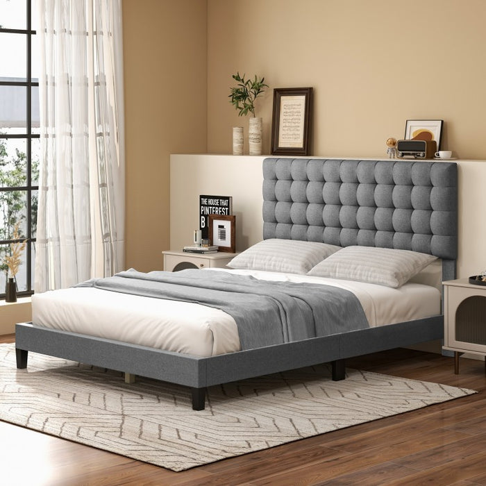 Grey Platform Bed with Built-in Square Upholstered Headboard