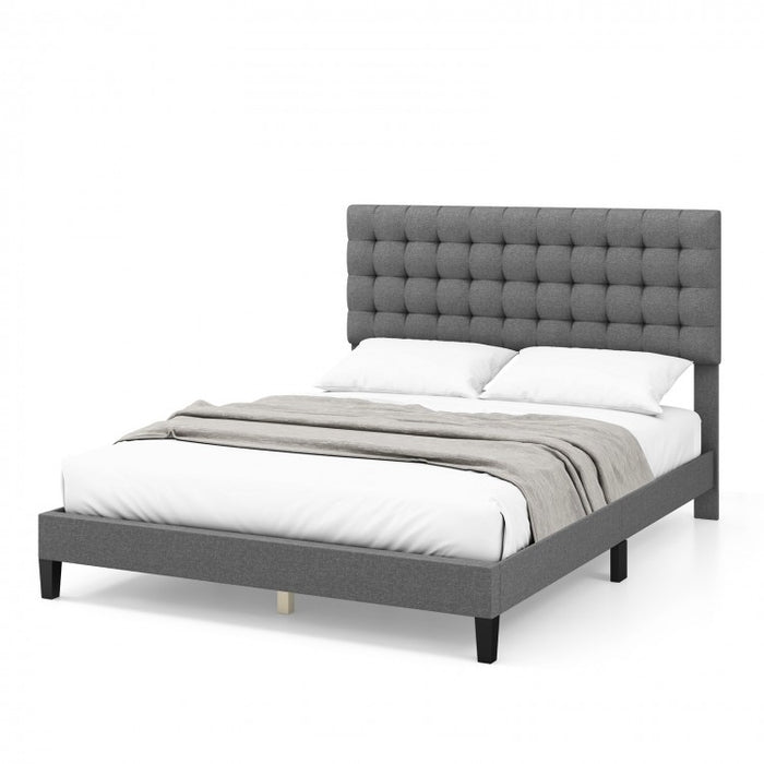 Grey Platform Bed with Built-in Square Upholstered Headboard