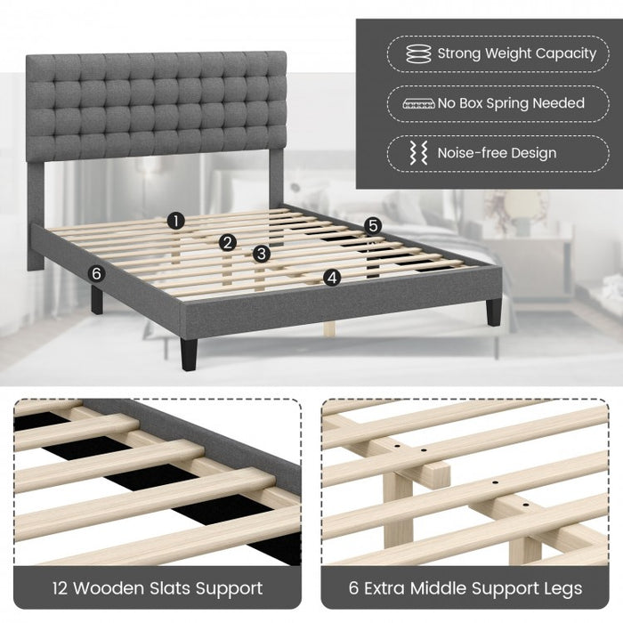 Grey Platform Bed with Built-in Square Upholstered Headboard