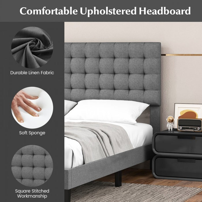 Grey Platform Bed with Built-in Square Upholstered Headboard