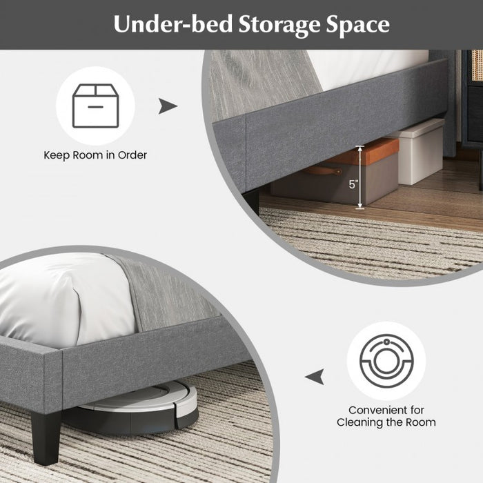 Grey Platform Bed with Built-in Square Upholstered Headboard