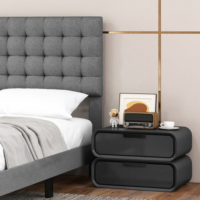 Grey Platform Bed with Built-in Square Upholstered Headboard
