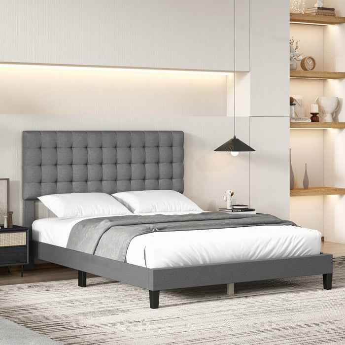 Grey Platform Bed with Built-in Square Upholstered Headboard