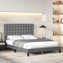 Charger l&#39;image dans la galerie, Grey Platform Bed with Built-in Square Upholstered Headboard
