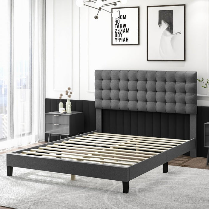 Grey Platform Bed with Built-in Square Upholstered Headboard