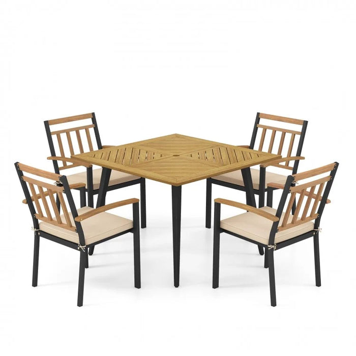Outdoor Wood Dining Table Set - 5-Piece Set with Square Table and 4 Chairs - Suitable for Patio and Backyard