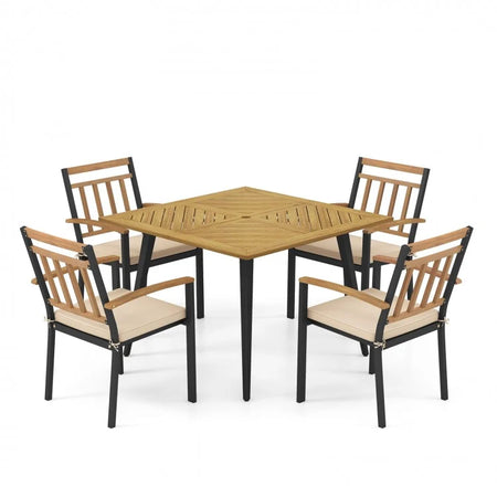Outdoor Wood Dining Table Set - 5-Piece Set with Square Table and 4 Chairs - Suitable for Patio and Backyard