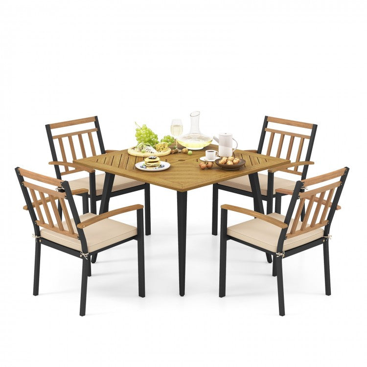 Outdoor Wood Dining Table Set - 5-Piece Set with Square Table and 4 Chairs - Suitable for Patio and Backyard