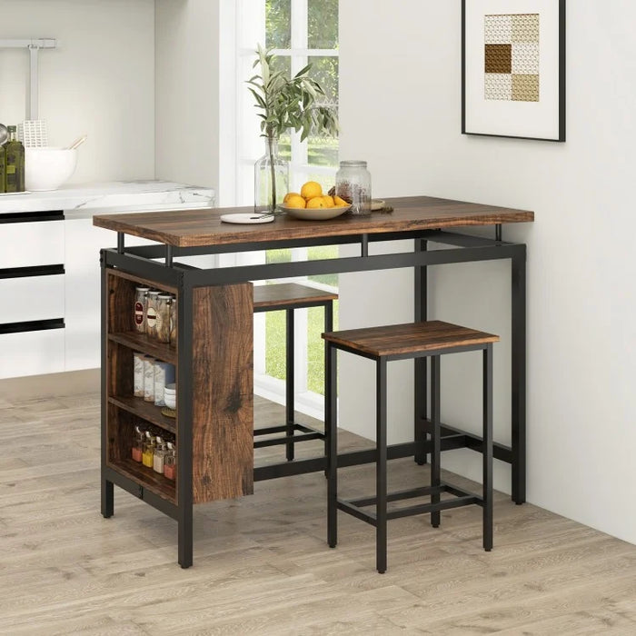 Industrial Style Dining Room Table and Bench Set - 3-Piece Set with 3-Tier Storage Rack and 2 Bar Stools - Suitable for Kitchen, Restaurant, and Small Tavern