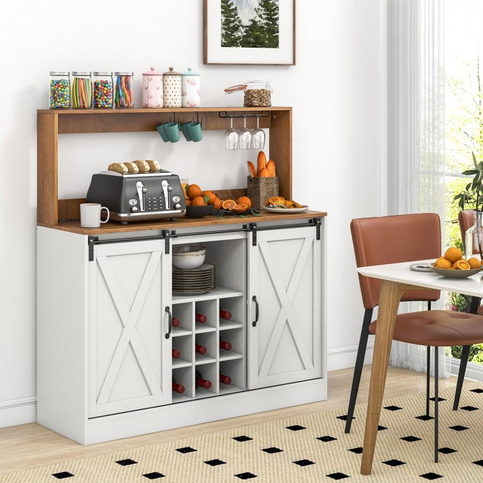 Costway White Coffee Bar Cabinet with Sliding Barn Doors and USB Outlet - Suitable for Kitchen and Restaurant