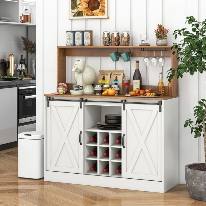 Costway White Coffee Bar Cabinet with Sliding Barn Doors and USB Outlet - Suitable for Kitchen and Restaurant