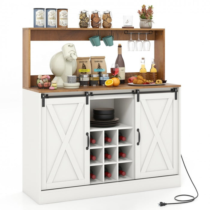 Costway White Coffee Bar Cabinet with Sliding Barn Doors and USB Outlet - Suitable for Kitchen and Restaurant