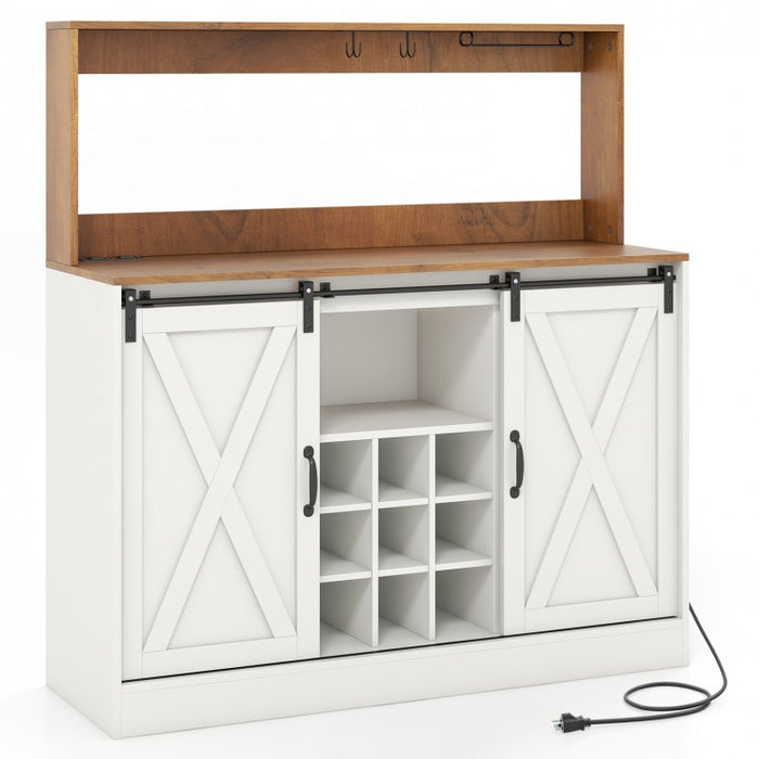 Costway White Coffee Bar Cabinet with Sliding Barn Doors and USB Outlet - Suitable for Kitchen and Restaurant