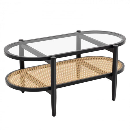 Modern Oval Glass Coffee Table with 2-Tier Storage - Suitable for Living Room and Office