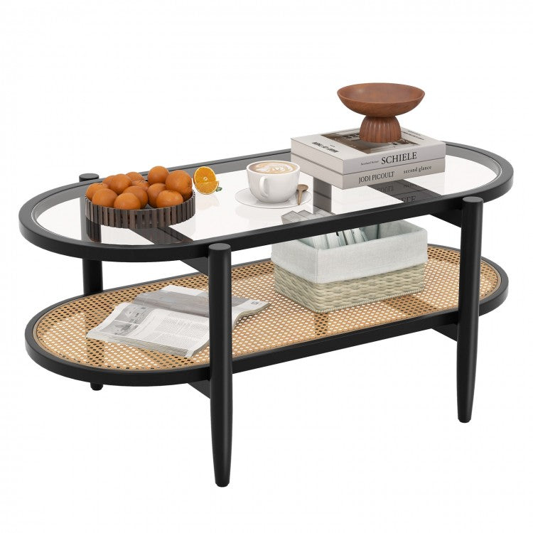 Modern Oval Glass Coffee Table with 2-Tier Storage - Suitable for Living Room and Office