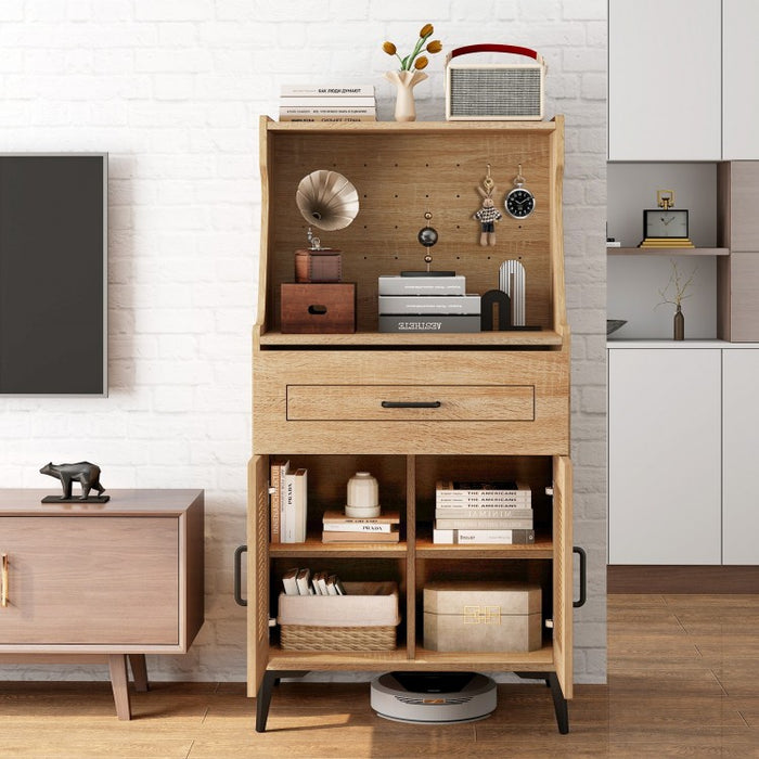 Modern Coffee Bar Cabinet with Storage and Built-in Pegboard and Drawers - Suitable for Restaurant and Kitchen