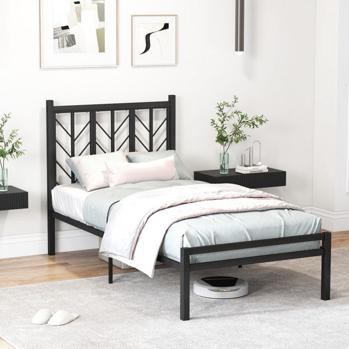 Black Minimalist Metal Bed with Tree Branch Headboard Design