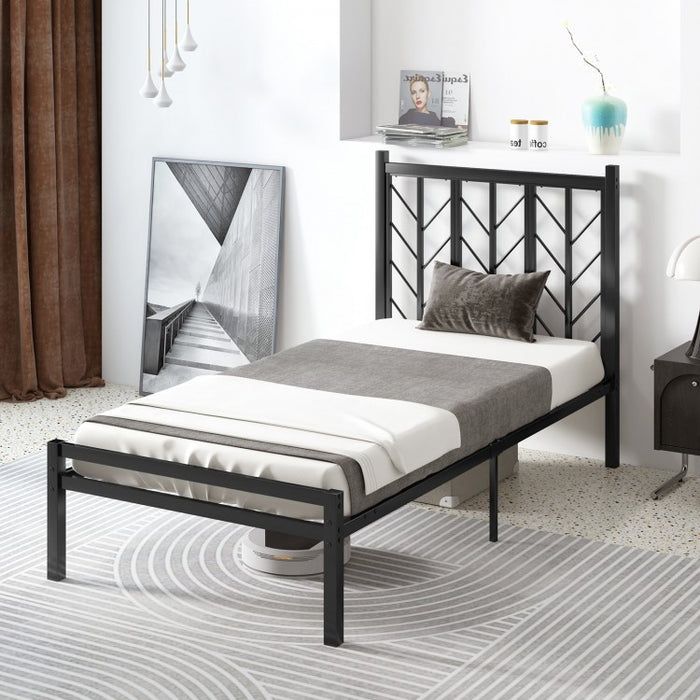 Black Minimalist Metal Bed with Tree Branch Headboard Design