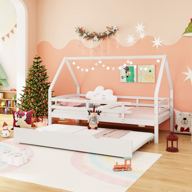 Double Bed Frame with Pull-Out Trundle Bed and Guard Rails