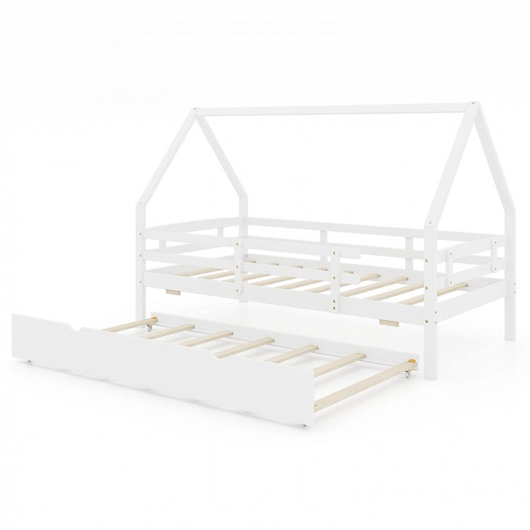 Double Bed Frame with Pull-Out Trundle Bed and Guard Rails
