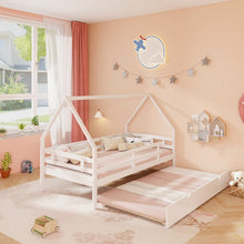 Load image into Gallery viewer, Double Bed Frame with Pull-Out Trundle Bed and Guard Rails
