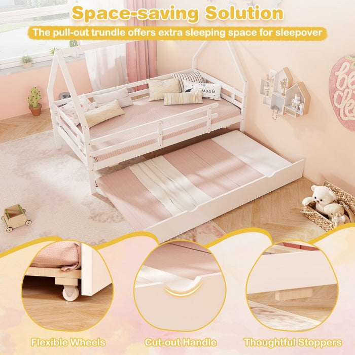 Double Bed Frame with Pull-Out Trundle Bed and Guard Rails