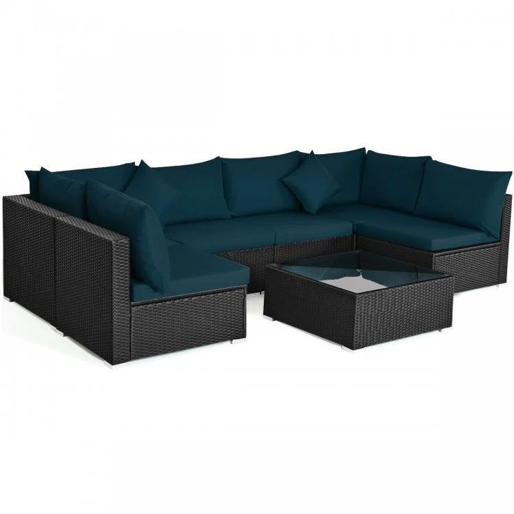Costway 7-Piece Section Couch Set with Glass Coffee Table - Suitable for Backyard, Garden, and Party Gatherings