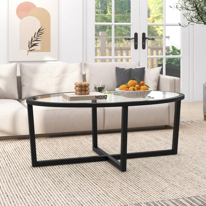 Modern Oval Coffee Table with Glass Top and Cross Base - Suitable for Living Room and Cafe