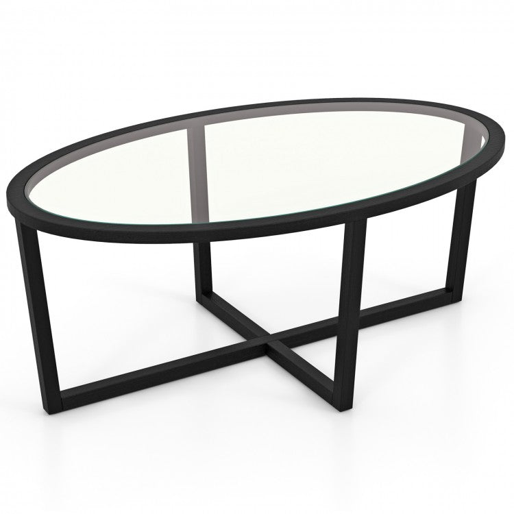 Modern Oval Coffee Table with Glass Top and Cross Base - Suitable for Living Room and Cafe