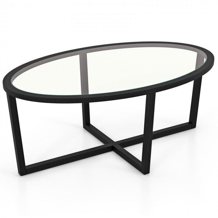 Modern Oval Coffee Table with Glass Top and Cross Base - Suitable for Living Room and Cafe