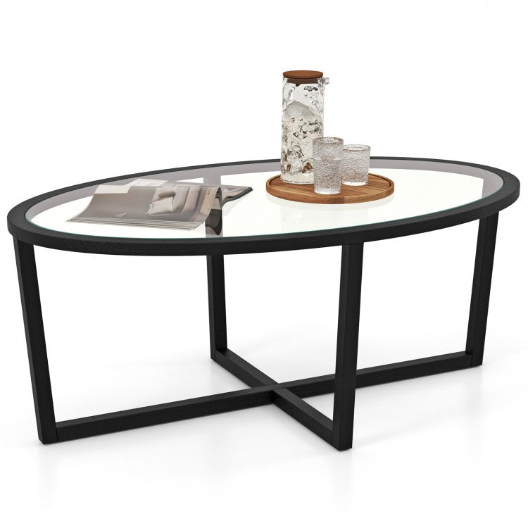 Modern Oval Coffee Table with Glass Top and Cross Base - Suitable for Living Room and Cafe