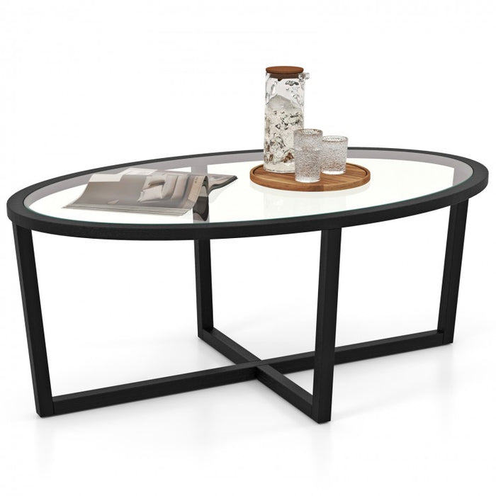 Modern Oval Coffee Table with Glass Top and Cross Base - Suitable for Living Room and Cafe