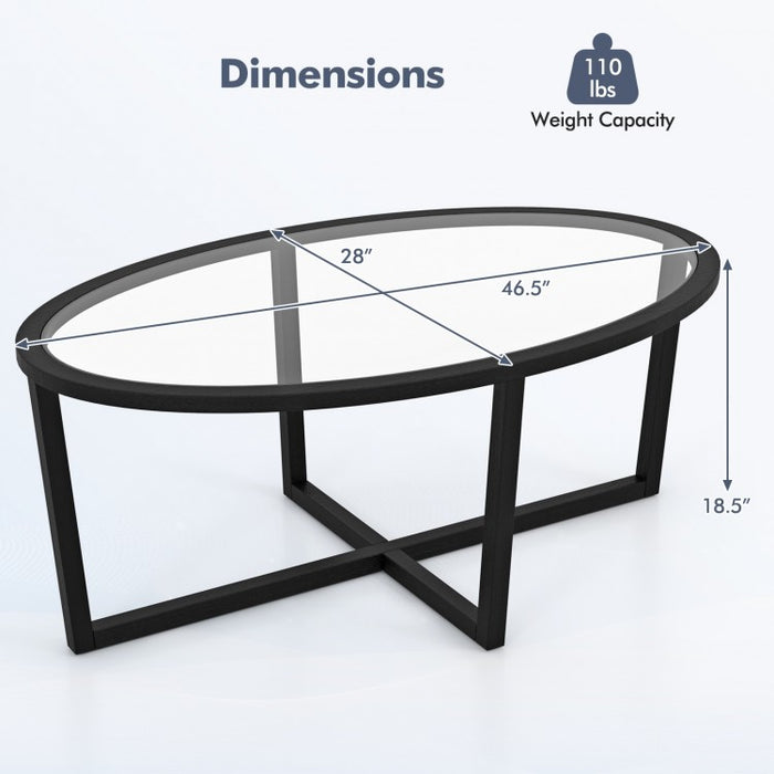 Modern Oval Coffee Table with Glass Top and Cross Base - Suitable for Living Room and Cafe